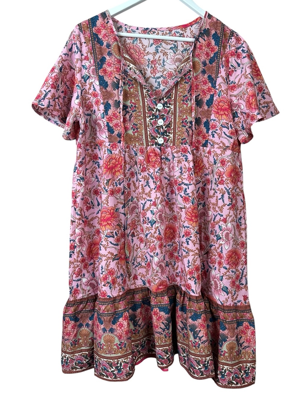 Shein Pink Blue Floral V Neck Ruffle Dress Women Sz L